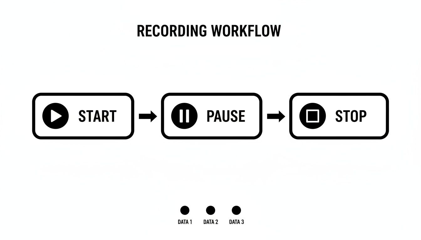 A simple recording workflow diagram showing Start, Pause, and Stop steps, followed by Data 1, Data 2, and Data 3.
