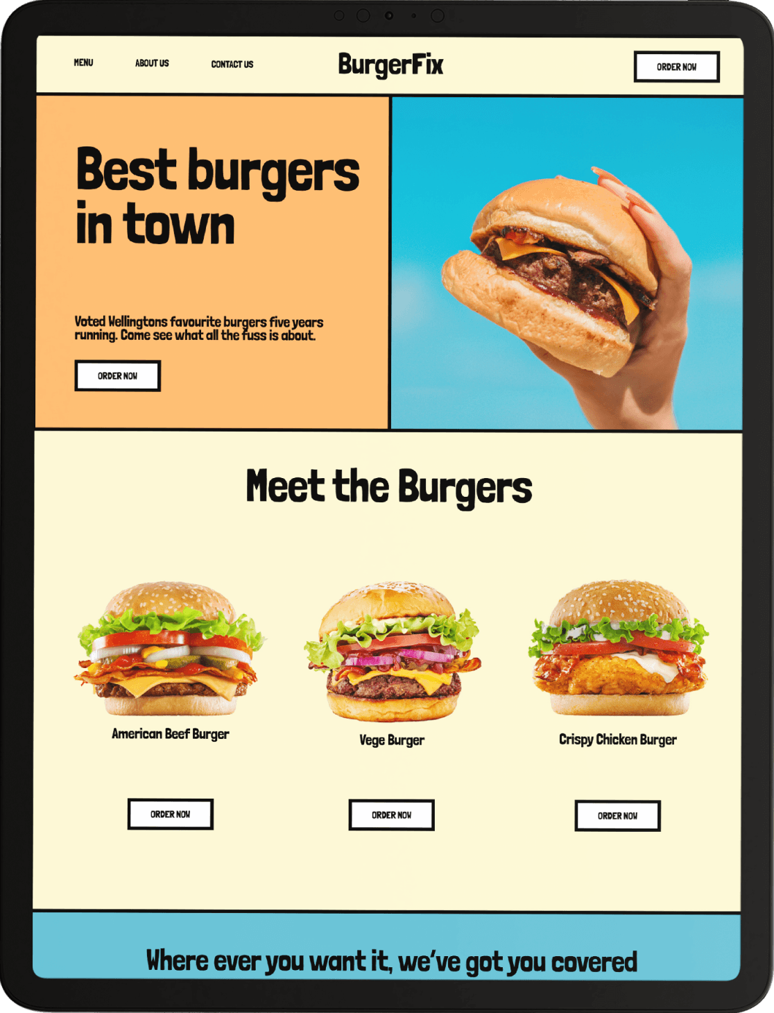 Screen capture of a website design for a Burger Resturant