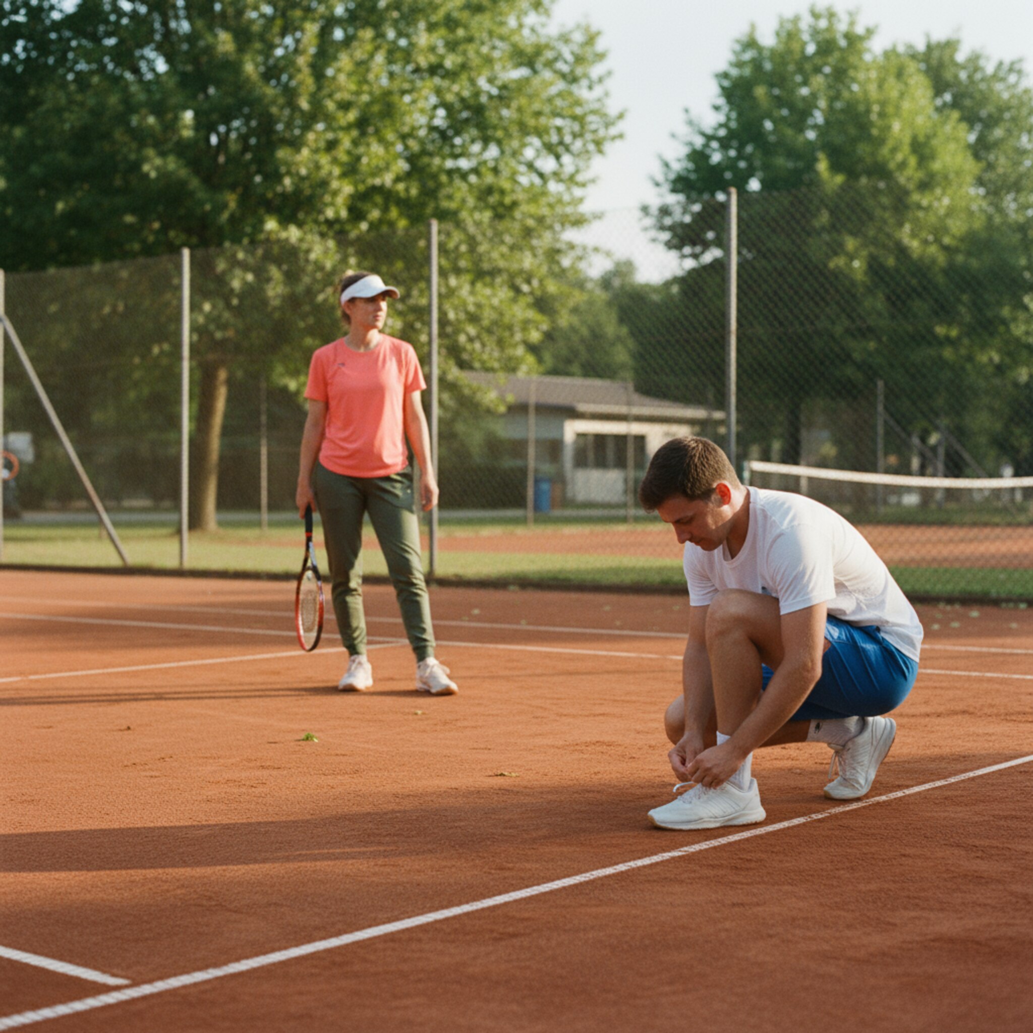 Auf einem frisch abgezogenen Tennisplatz bindet ein Spieler konzentriert die Schnürsenkel, während die Abendsonne lange Schatten wirft. Ein zweiter Spieler dreht den Schläger in der Hand und wartet auf den Aufschlag. Die Linien sind sauber, die Szene wirkt ruhig und fokussiert. Leichte Brise bewegt die Bäume am Rand.