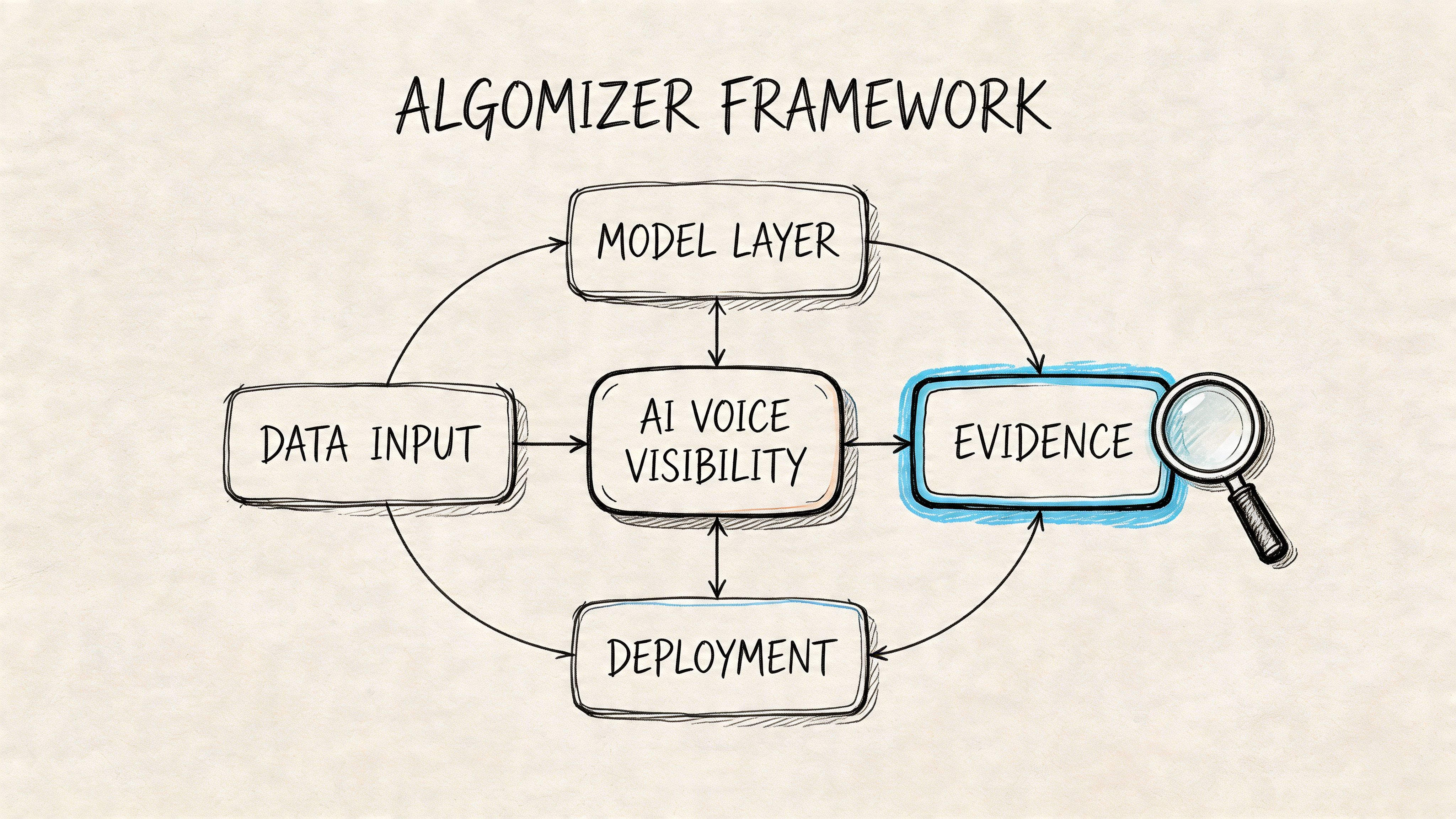 A hand-drawn diagram illustrating the Algomizer framework for AI voice search visibility, showing the data input, model, and evidence processes.