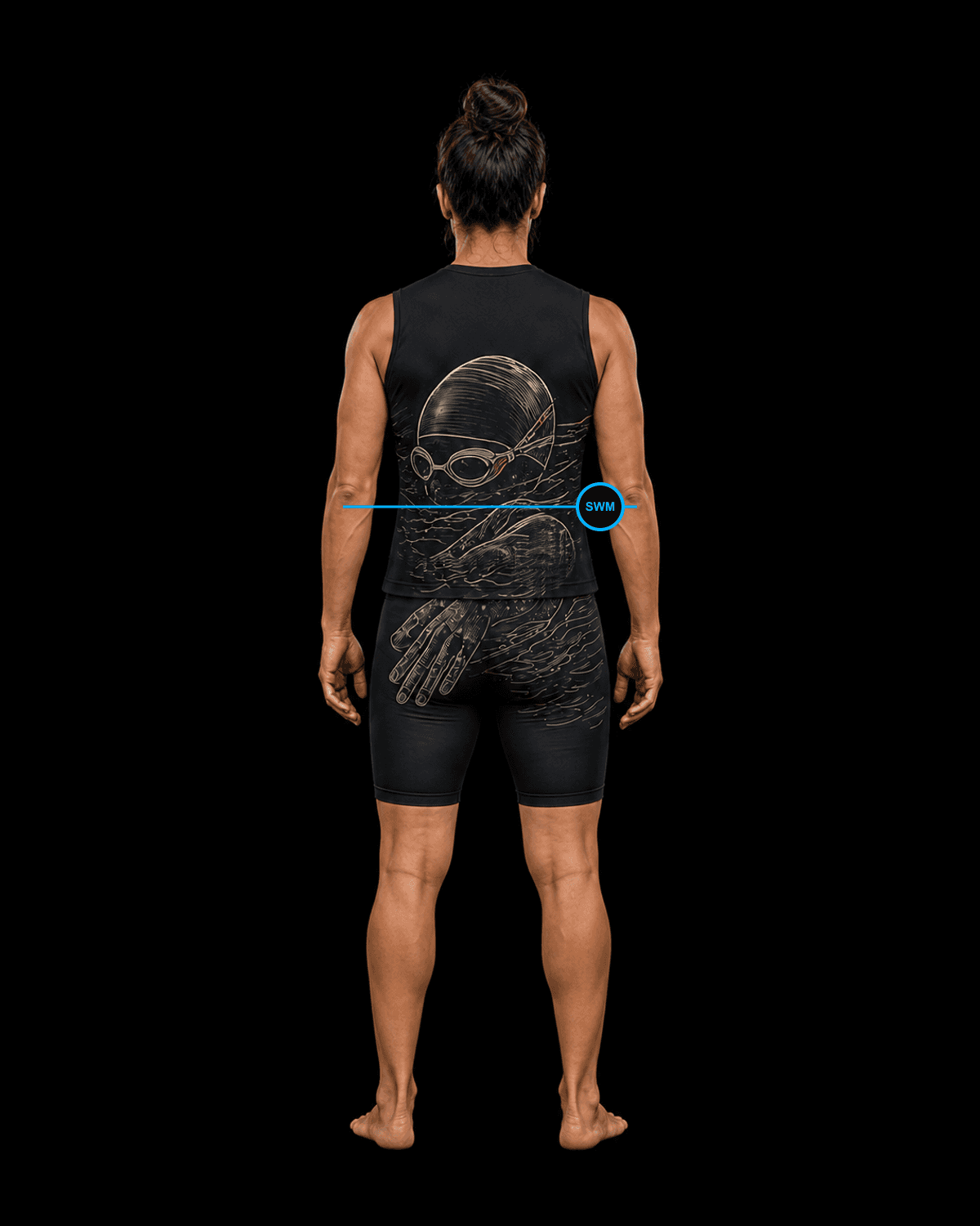 Back view of the same female open-water swimmer wearing a separate black sleeveless top and shorts in the Valkyrie Formation swim kit concept with engraved goggles and stroke study.