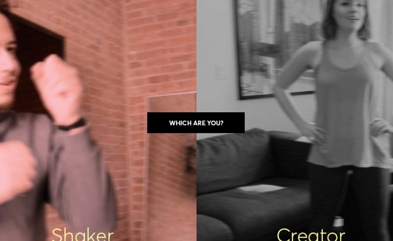 The image is a split-screen composition. On the left, a man in a dark gray long-sleeved shirt is flexing his bicep against a red brick wall. On the right, a woman in a white tank top and black pants stands with her hand on her hip, positioned in front of a black couch. A white text box in the center reads "WHICH ARE YOU?". The bottom right corner of the image shows part of a word, possibly “Creator”, but this is not fully visible.