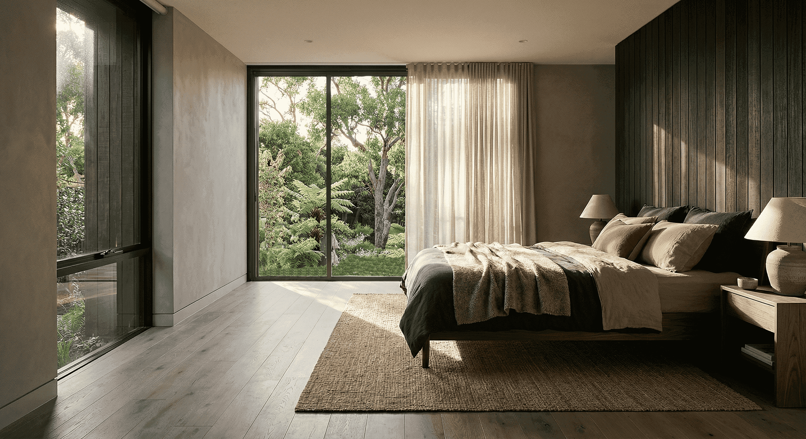 Modern brick and glass building reflecting the blue sky, with pedestrians and cyclists moving through a sunlit urban plaza, creating dynamic motion blur effects.