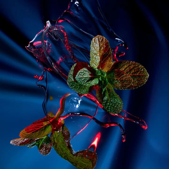 Mint leaves botanical ingredient with liquid texture in vibrant lighting representing natural skincare formulation