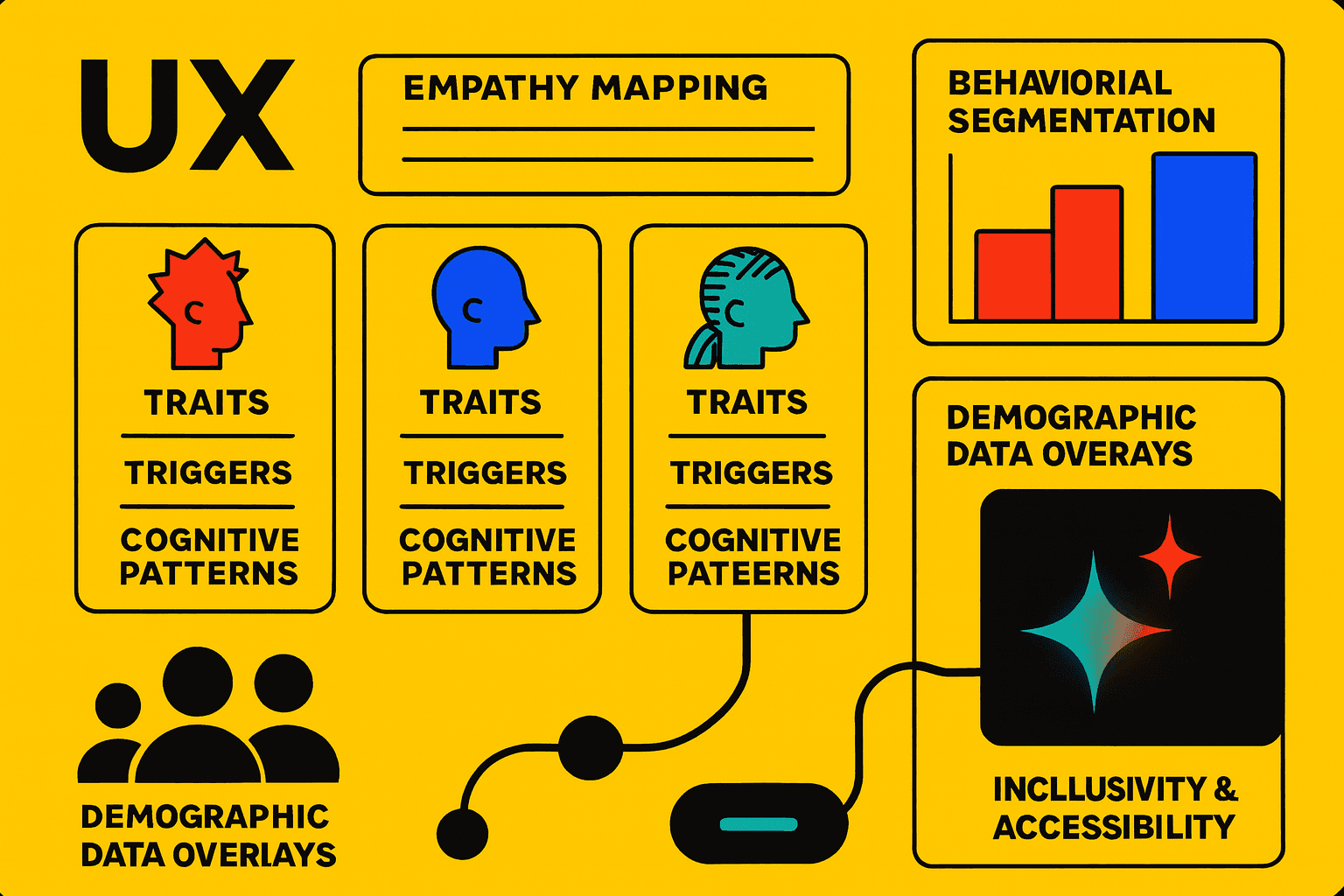 Digital dashboard showing neuroinclusive personas with empathy mapping and audience profiling