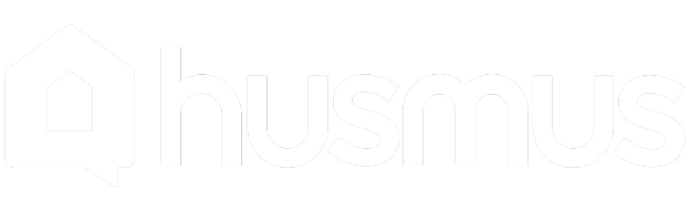 Husmus logo, white house icon and text on a black background. Represents the Husmus brand.