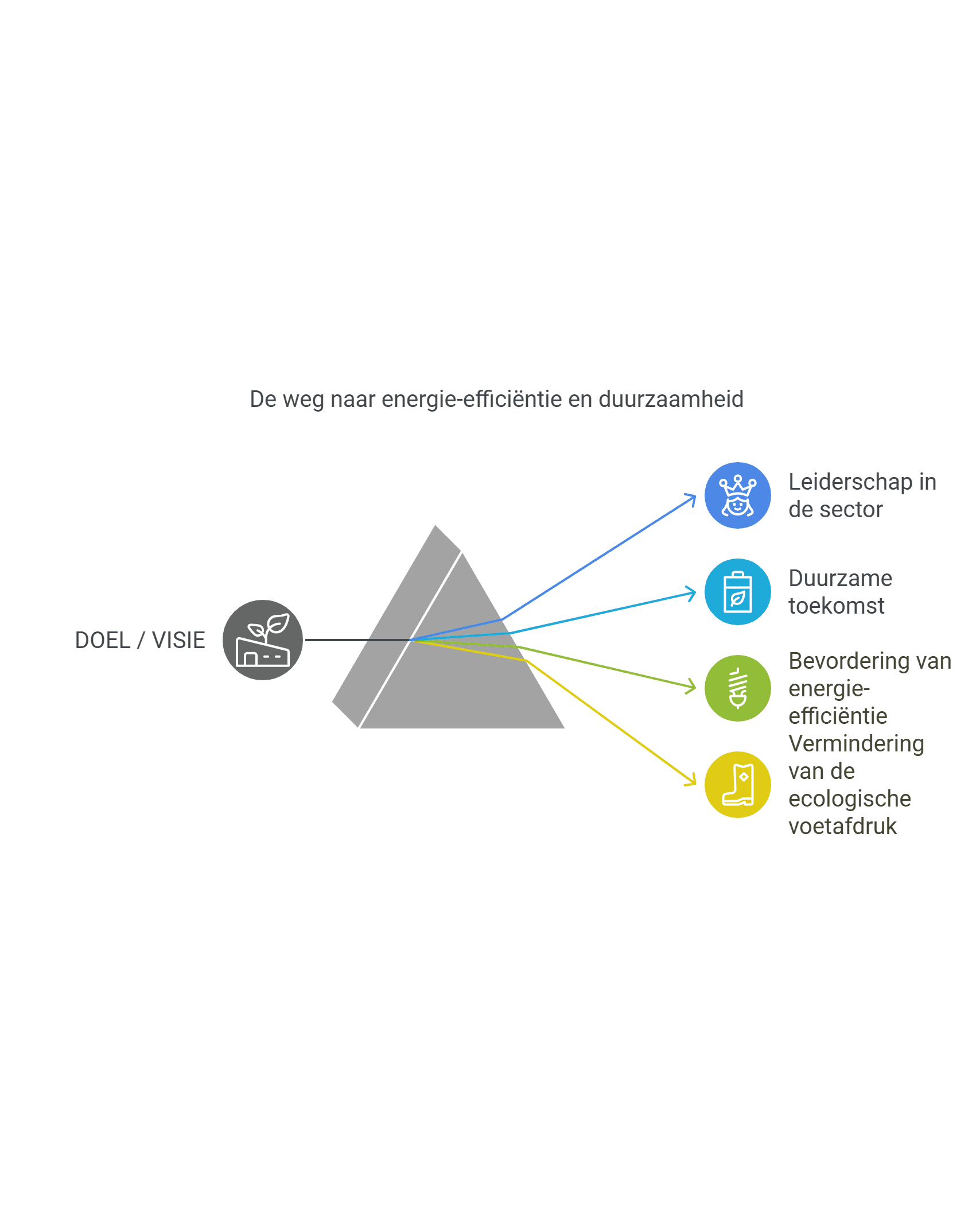Infographic met het doel en de visie van SynerGroen, met focus op leiderschap in de sector, duurzame toekomst, bevordering van energie-efficiëntie, en vermindering van de ecologische voetafdruk.