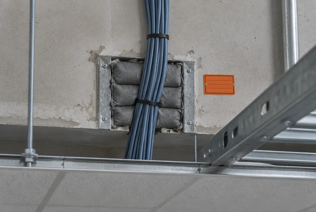 New data cables through a rated wall awaiting firestop.