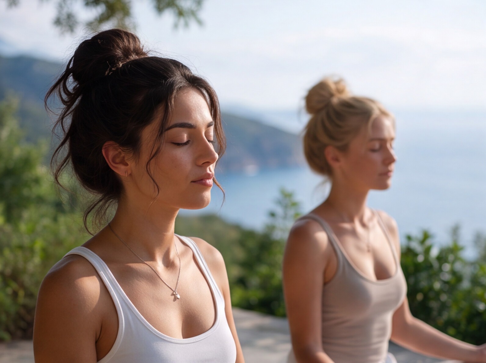 Close-up of two women with hair in buns meditating outdoors with eyes closed, with scenic coastal mountains and the sea in the background.