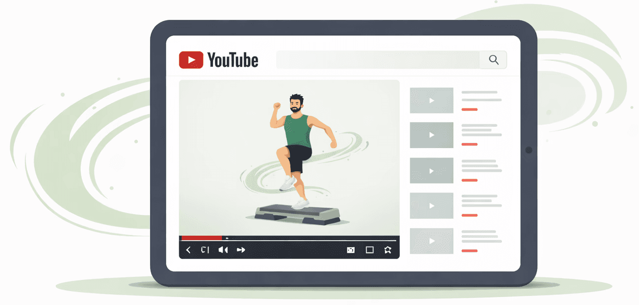 A tablet displaying a YouTube video of a person running, with a list of suggested videos on the side.