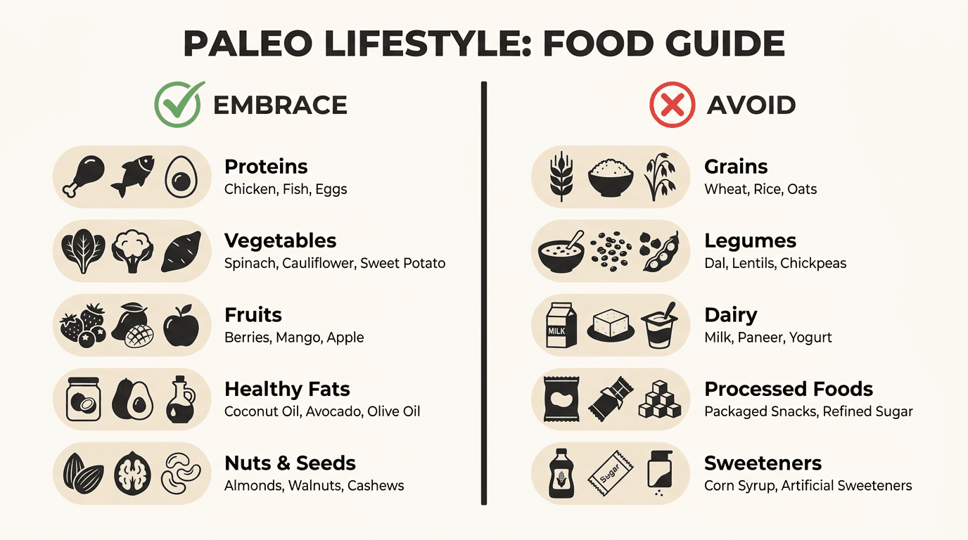 Paleo diet food list infographic comparing approved and avoided food categories
