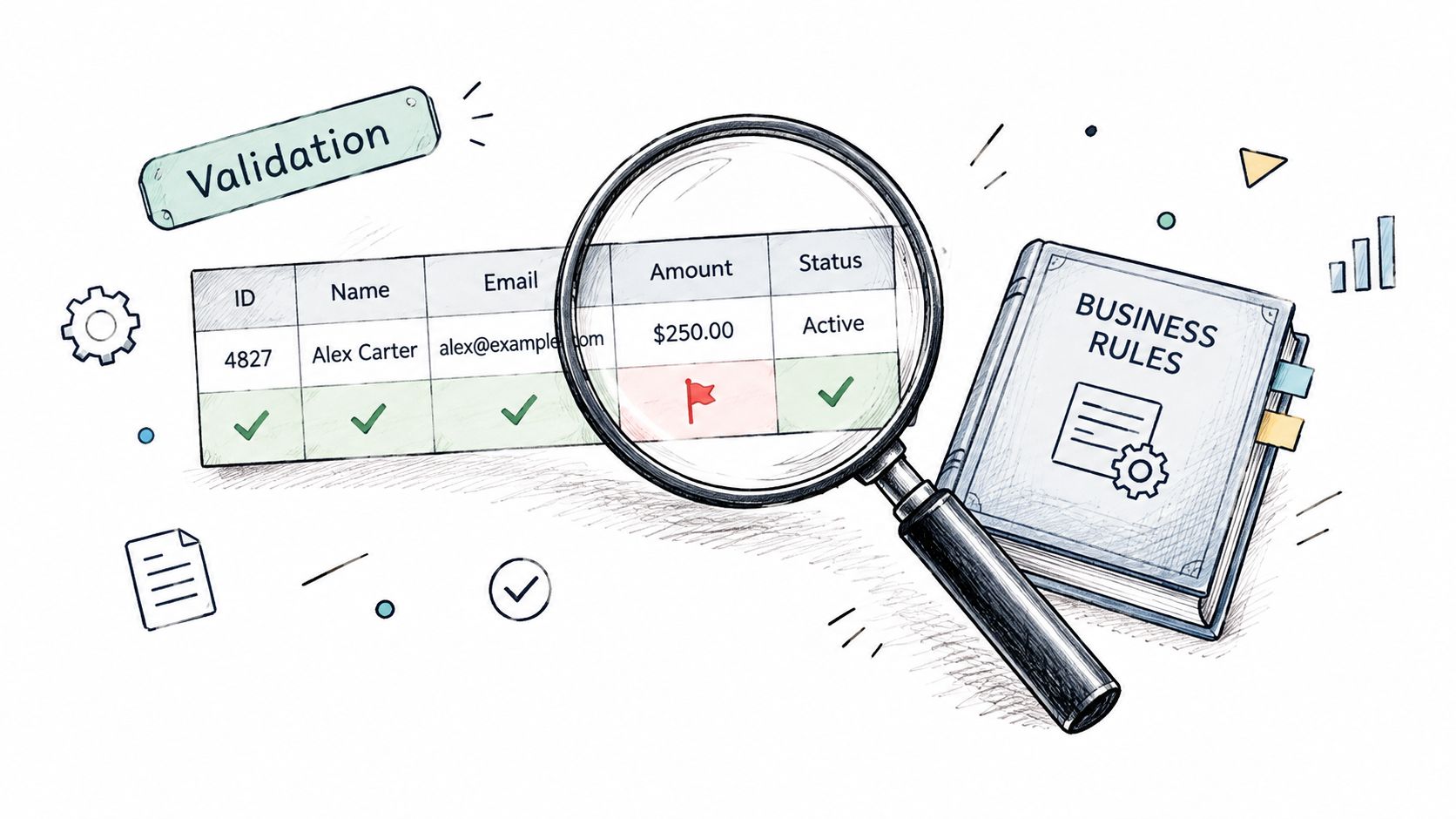 A magnifying glass inspecting a data table, illustrating the process of business rules validation for data quality.