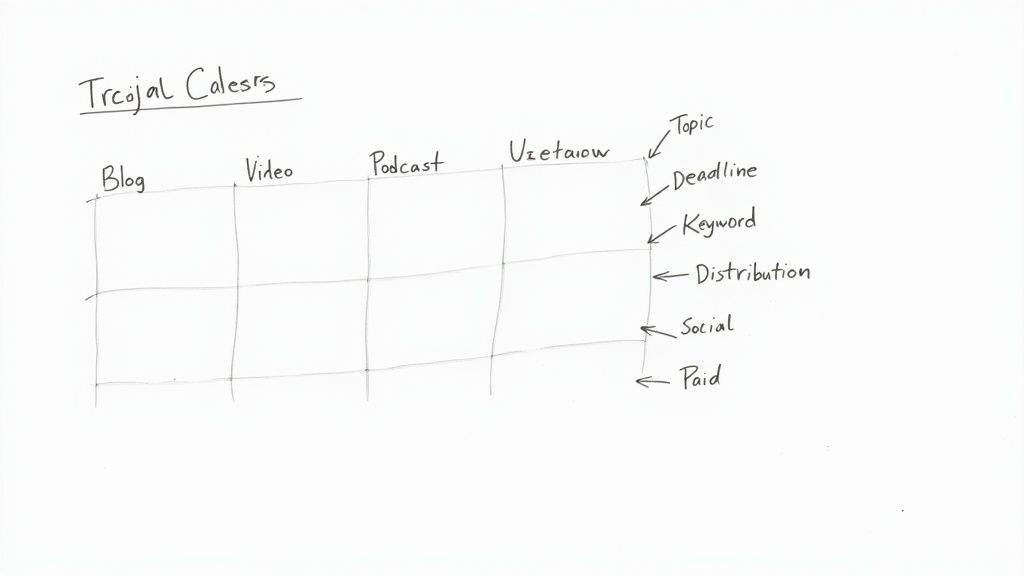 Handwritten content strategy calendar grid with content types and planning elements like topic, deadline.