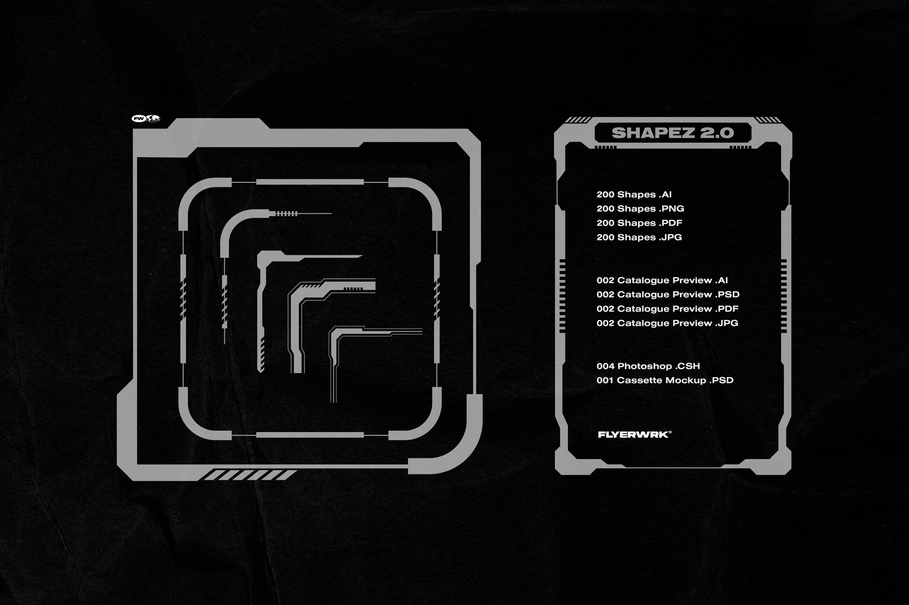 Retro Futuristic Shapes package contents preview showing AI, PNG, PDF, JPG and CSH files