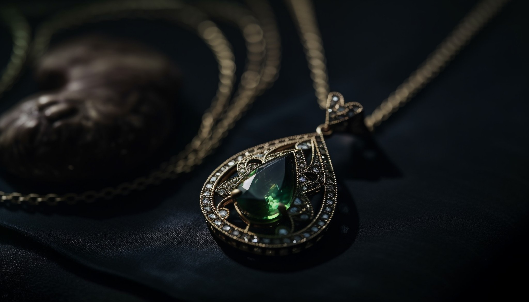 Close-up photo of a green gemstone pendant necklace. The gemstone is emerald cut and surrounded by diamonds.