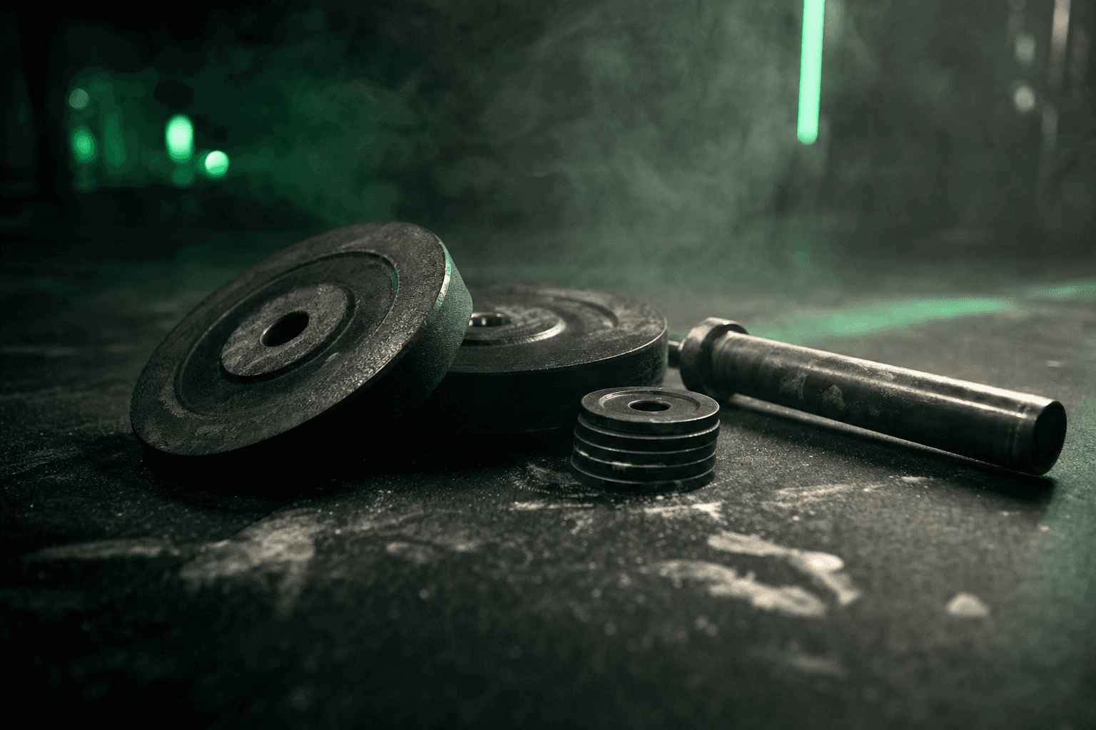 Cast-iron plates beside small fractional change plates on a gym floor, lit with an emerald-green accent