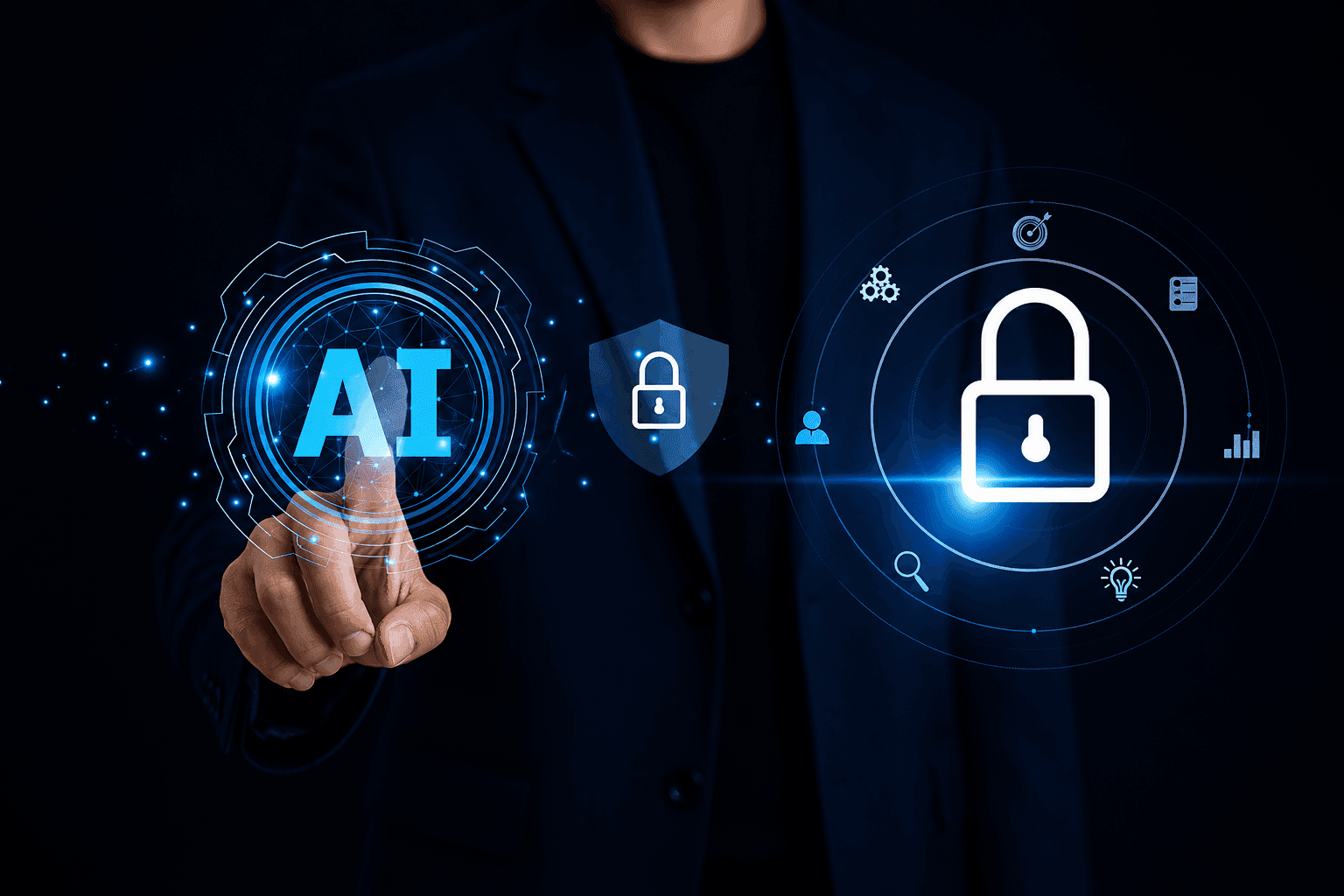 Futuristic digital profile silhouette with a neural network lines, representing AI in Identity and Access Management.