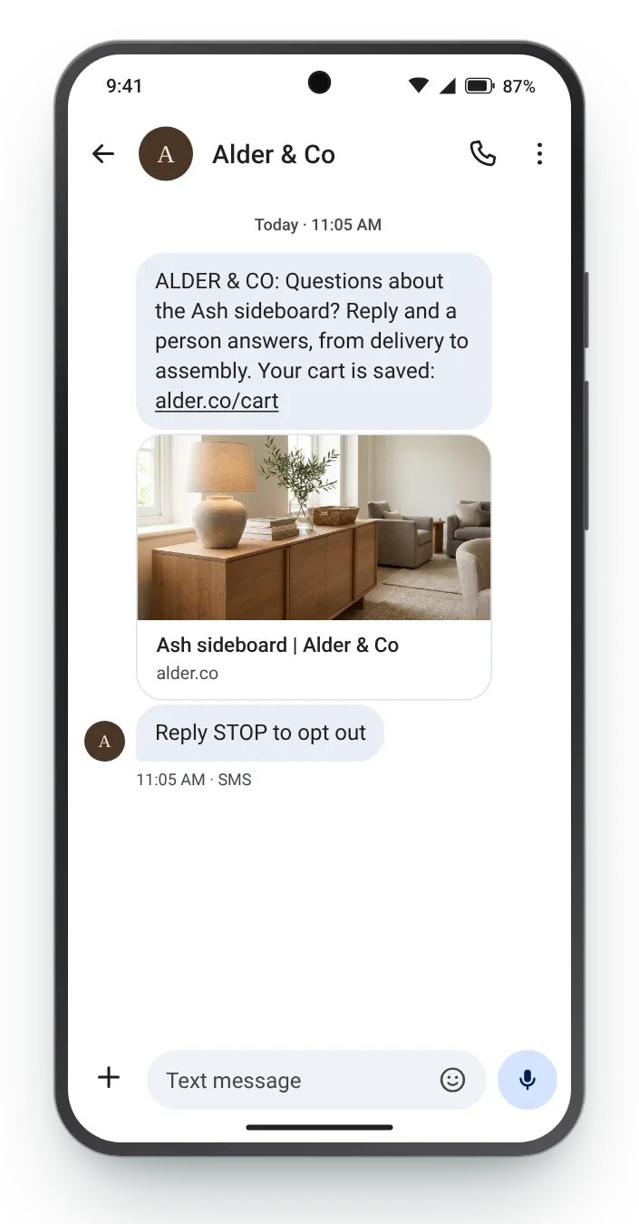 Help with a big purchase abandoned cart SMS on an Android phone