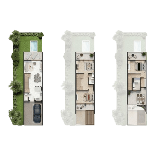 Three floor plans of the Greenwood Royal house, featuring a pool in the design layout.