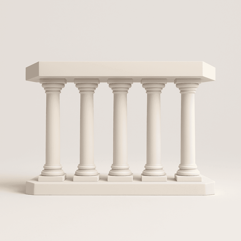 Five abstract pillars supporting a platform, representing essential capabilities of an end-to-end AEO solution.