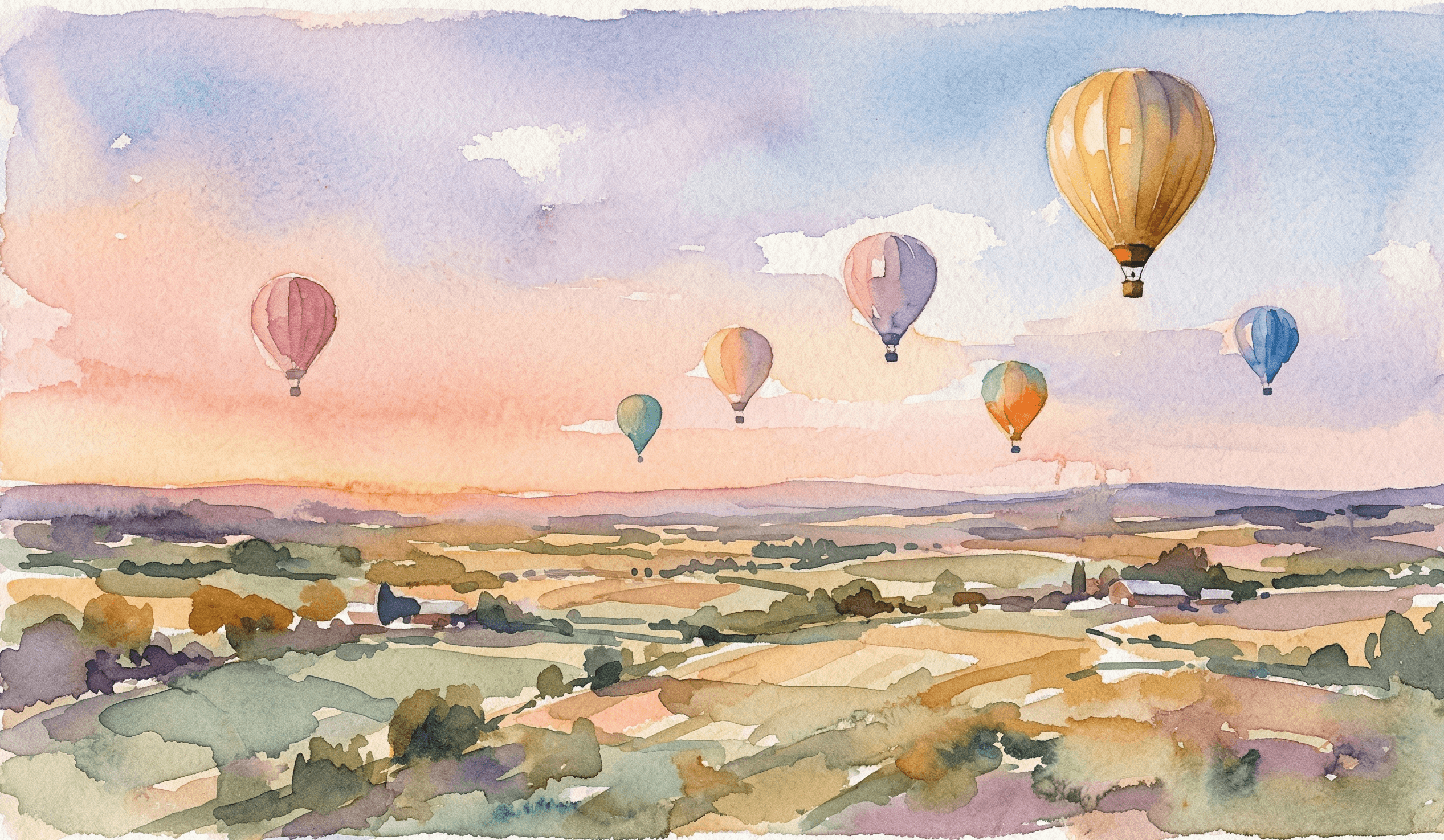Watercolor seven hot air balloons floating over a pastoral landscape at golden hour