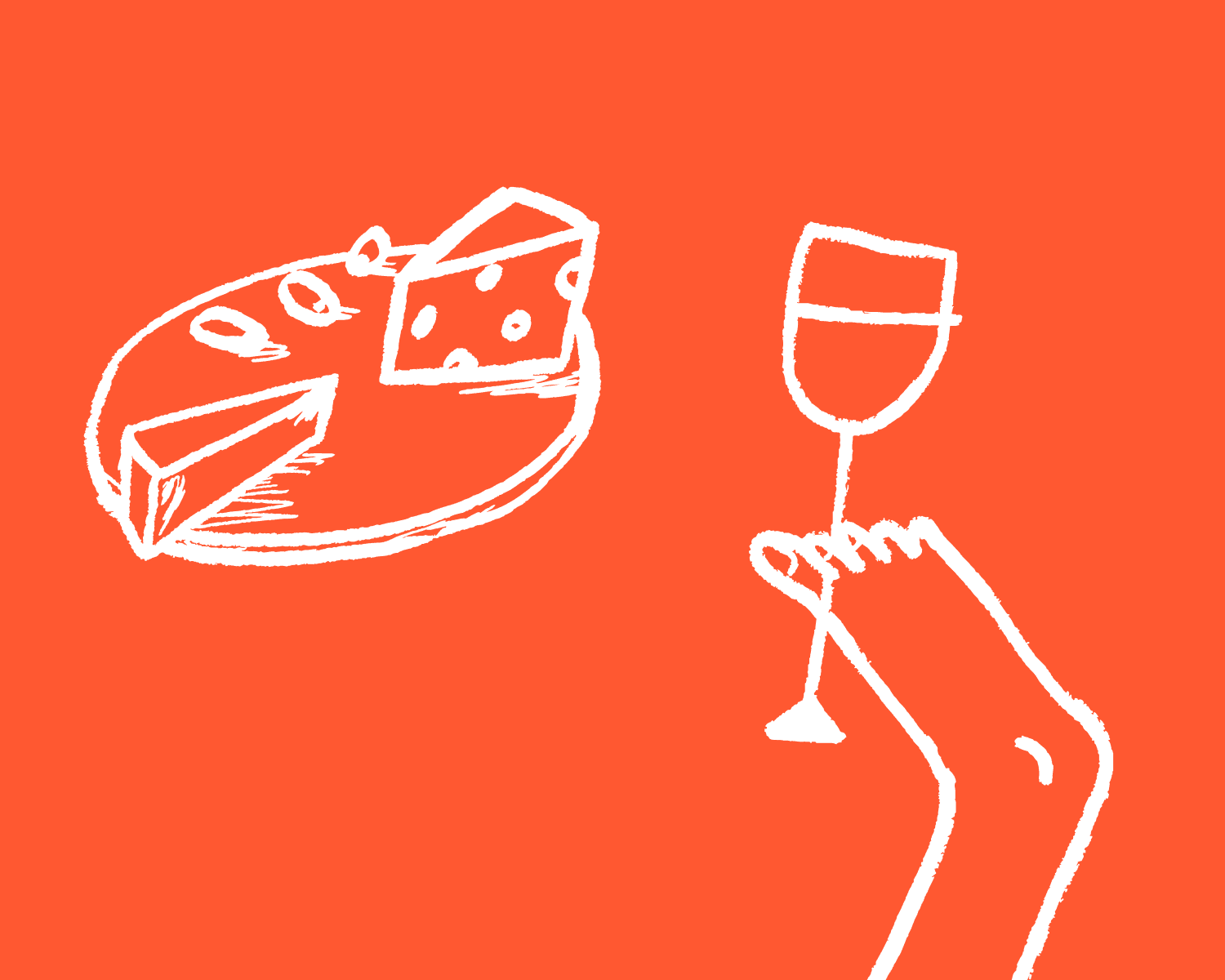 An illustration of a foot holding a glass of wine next to a plate of food on an orange background.