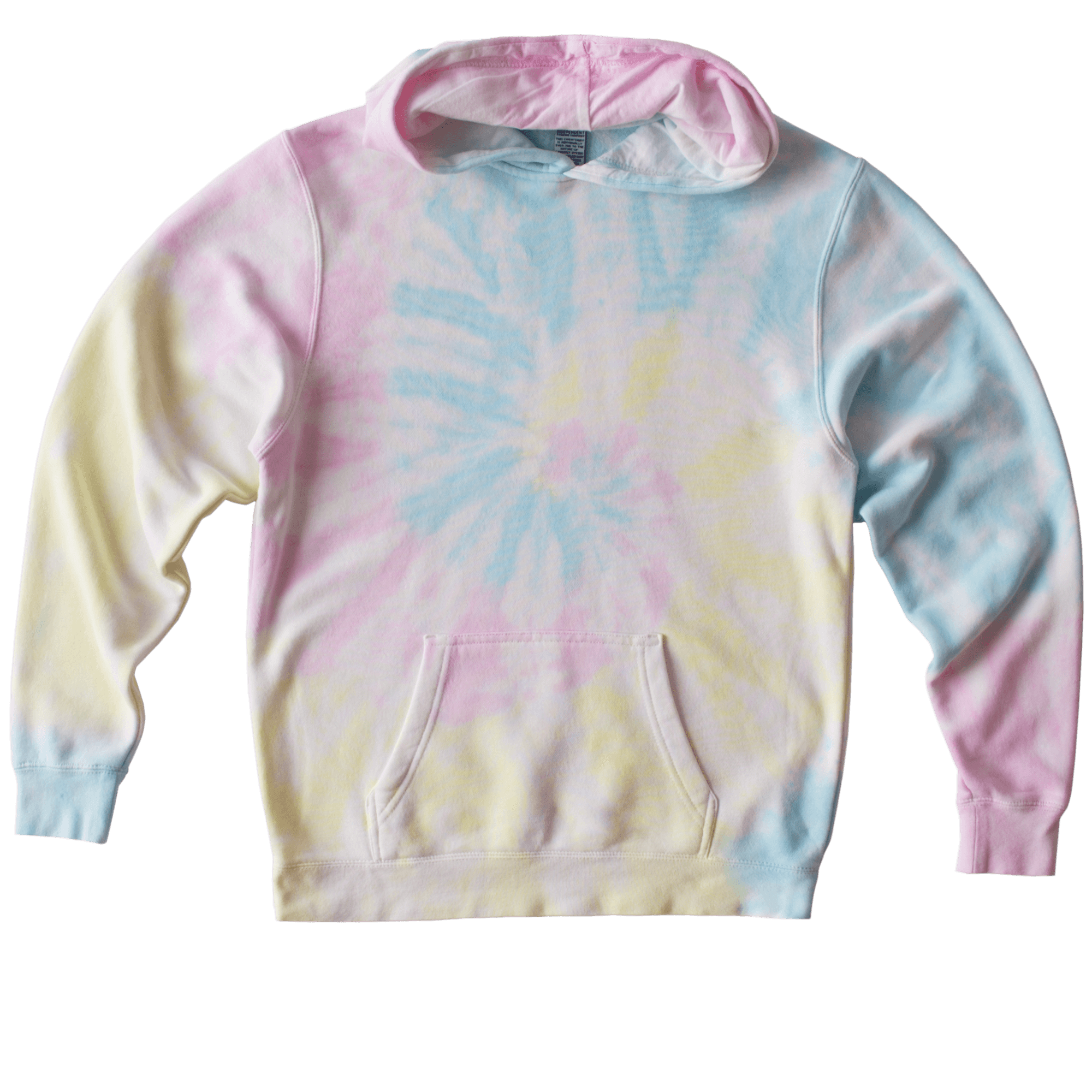 Pastel tie-dye hoodie. The hoodie is light pink, yellow, and blue.  It has a front pocket.