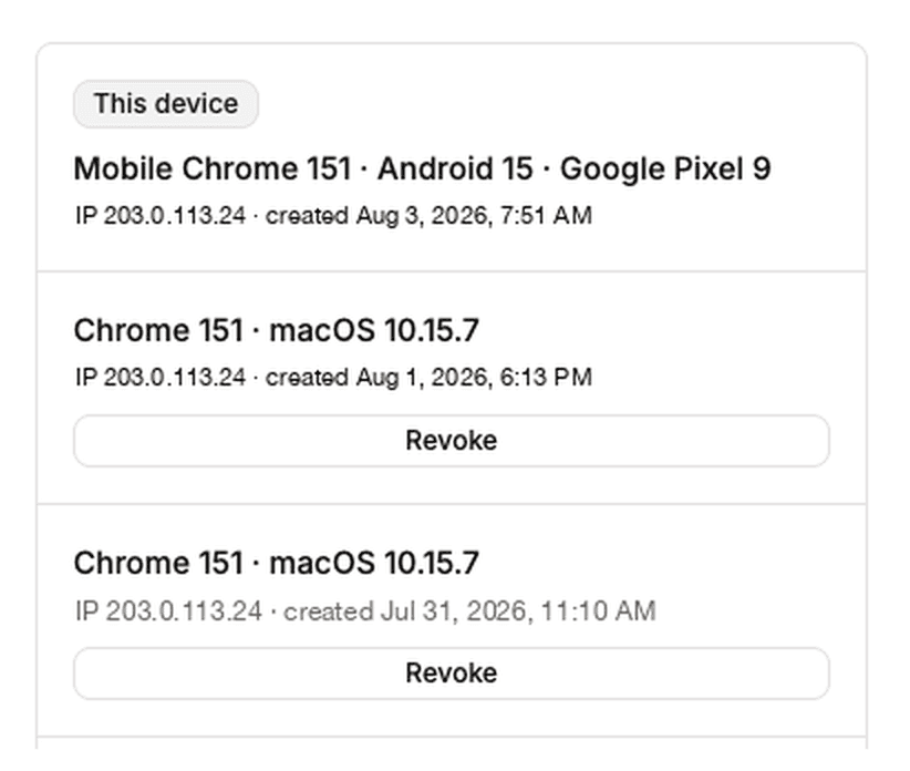 Active sessions list showing each signed-in device with its IP and sign-in time, and a Revoke button.