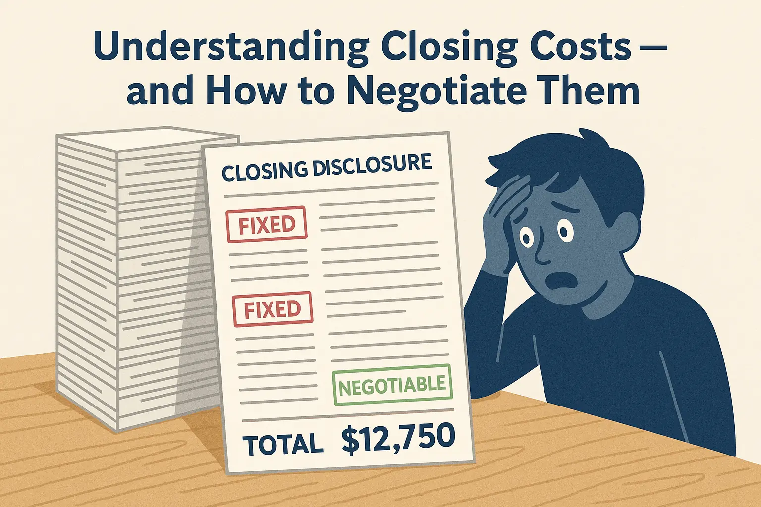 Understanding Closing Costs – and How to Negotiate Them," showing a stressed borrower next to a large stack of papers and a Closing Disclosure document highlighting the high total cost ($12,750) and distinguishing between fixed and negotiable items. The image addresses home buyers needing to understand and negotiate closing costs on their mortgage loan