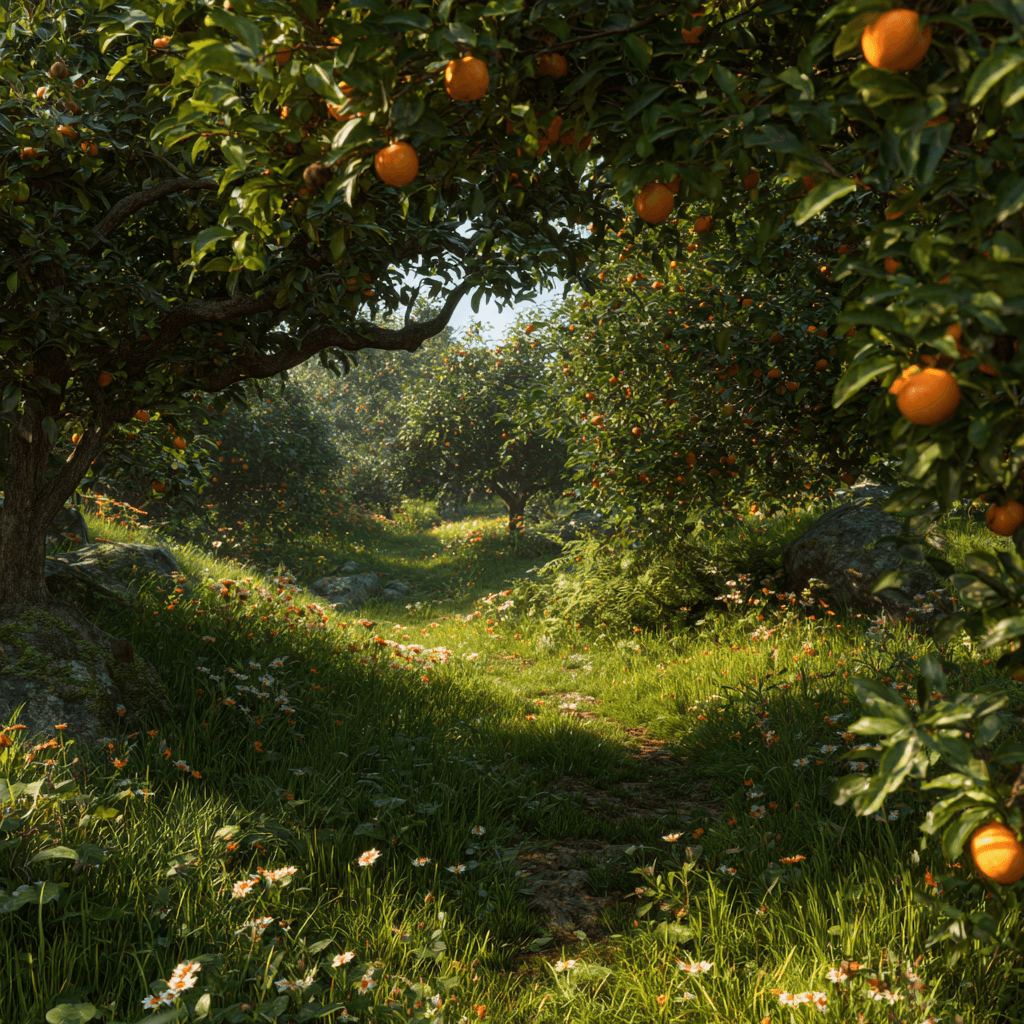 An orchard of trees growing in a grassy field.