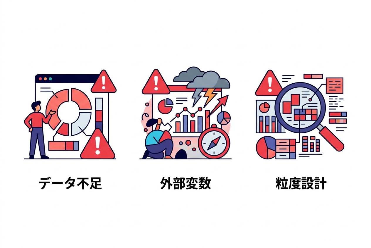 MMM導入で失敗する3大要因。特にデータ期間不足は導入企業の8割が経験する問題で、最低2年、できれば3年分のデータを用意してから導入に踏み切ることが成功の前提条件となる。