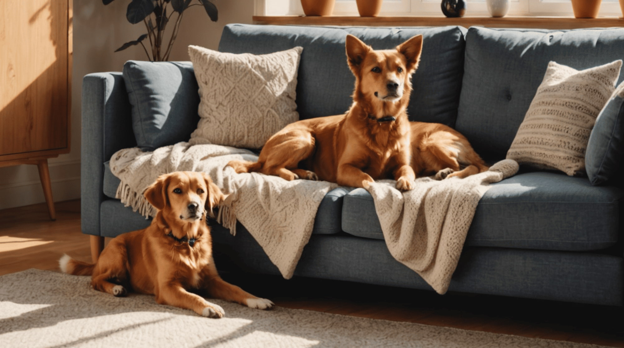 Two dogs are lying down in a lion pose in the living room.