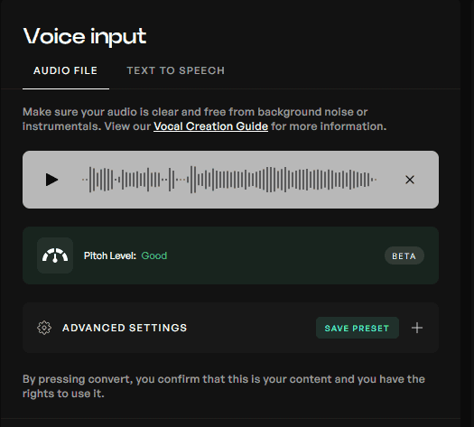 Audio file uploaded into a voice input section of Kits