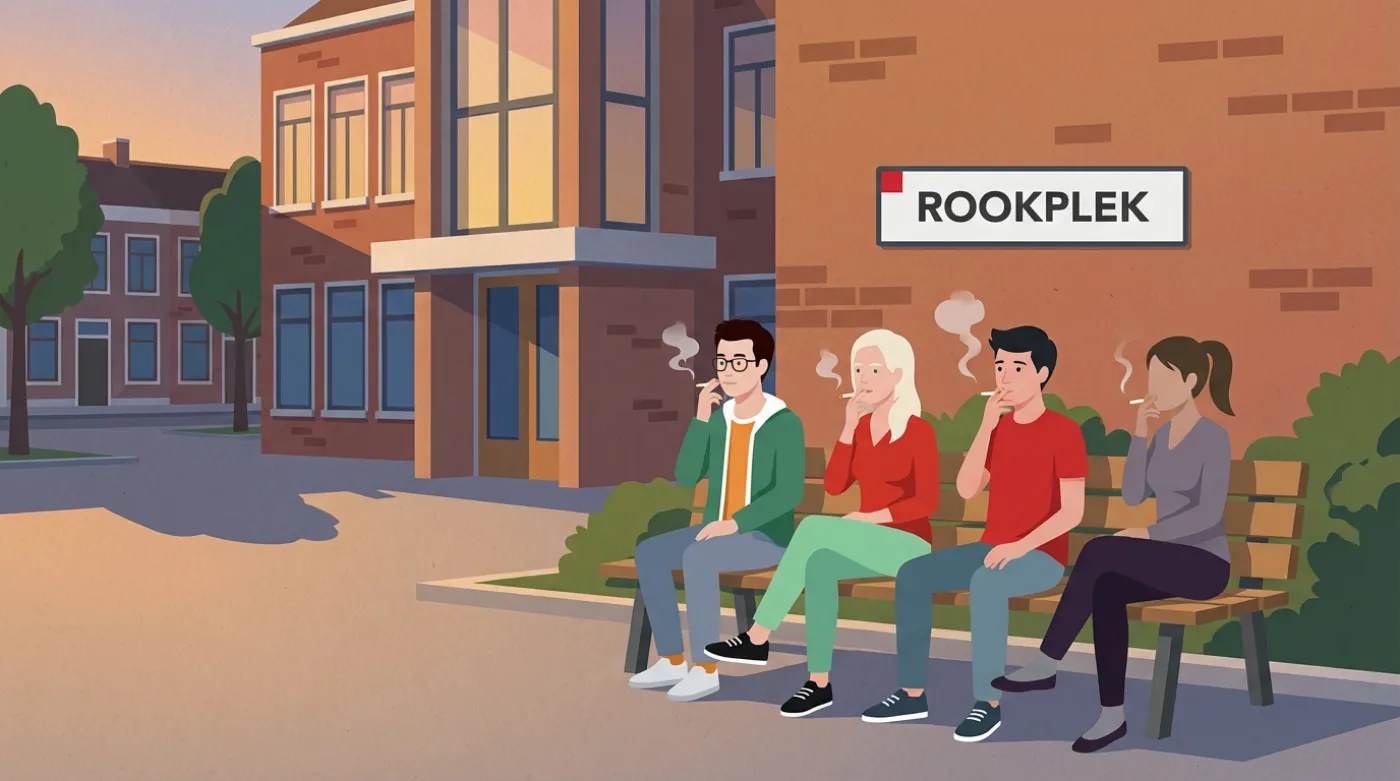 Illustration of a designated smoking area outside a secondary school with students gathered near a fence.
