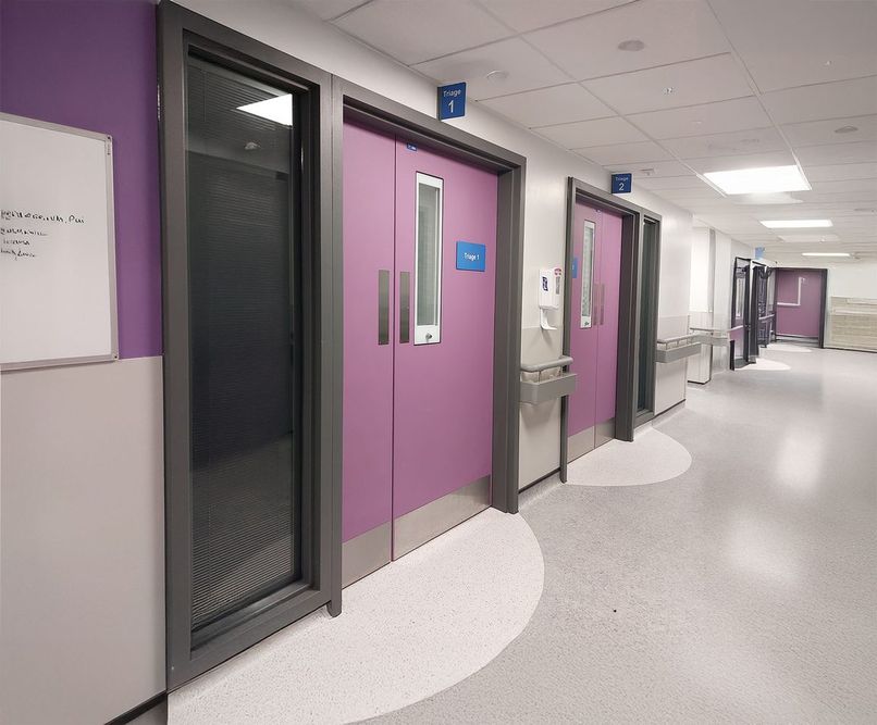 A row of fantasy coloured double fire rated doorsets