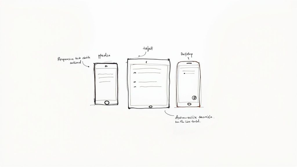 Hand-drawn sketches illustrating responsive web design across mobile, tablet, and desktop devices.