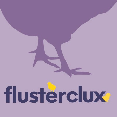 an illustration of the bottom of a chicken and it's legs with the word flusterclux written beneath