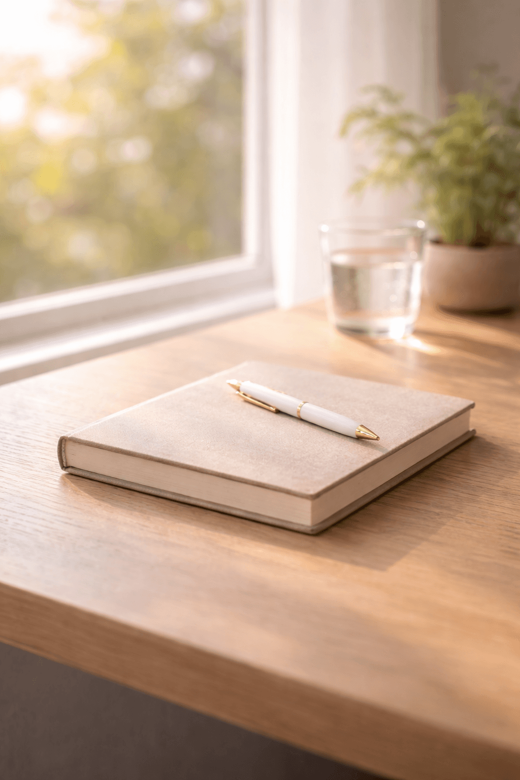 Closed notebook and pen on a sunlit wooden desk beside a window