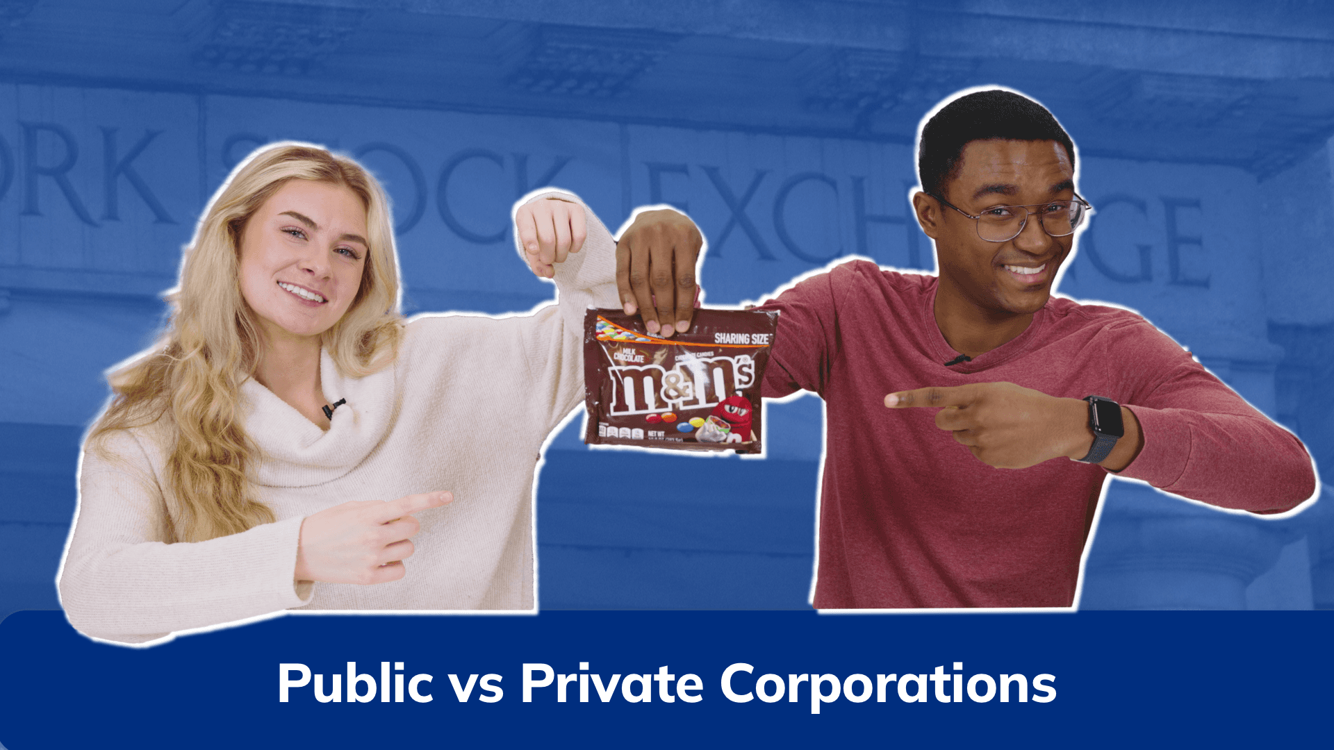 Two people holding M&Ms. Text reads "Public vs Private Corporations