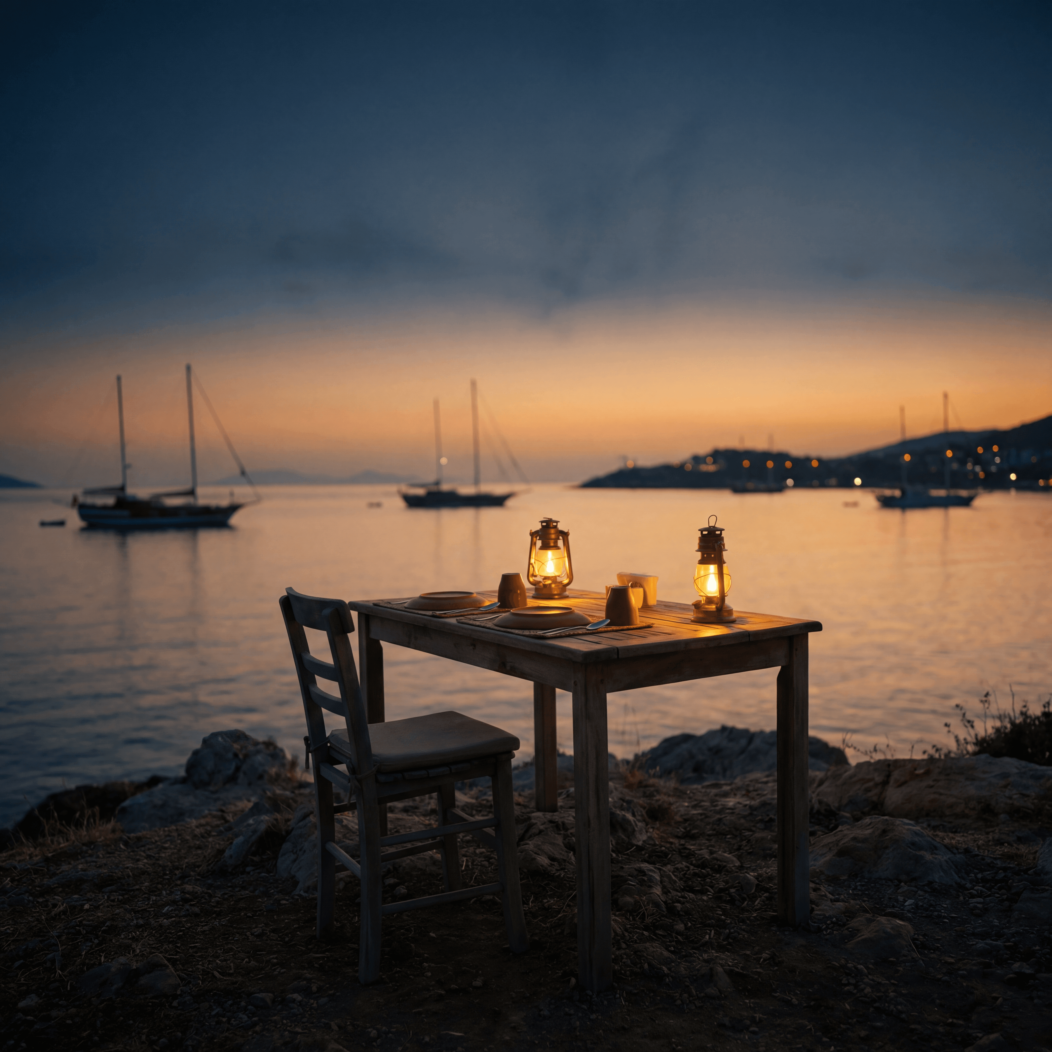 Seaside dining table in Bodrum at sunset with candlelight and waterfront setting