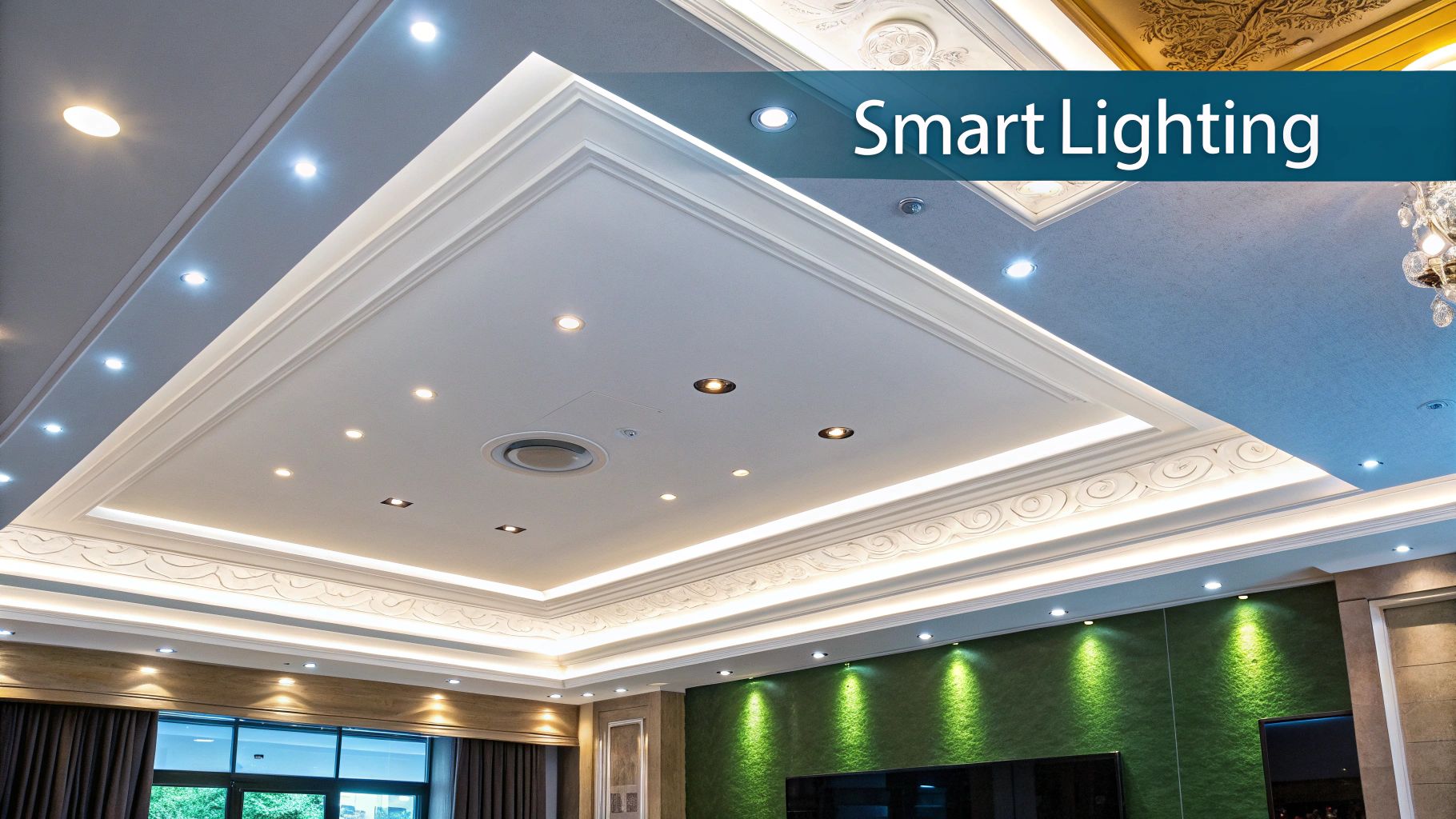 A contemporary room showcasing diverse smart lighting solutions on ceilings and a textured green wall, with decorative molding.