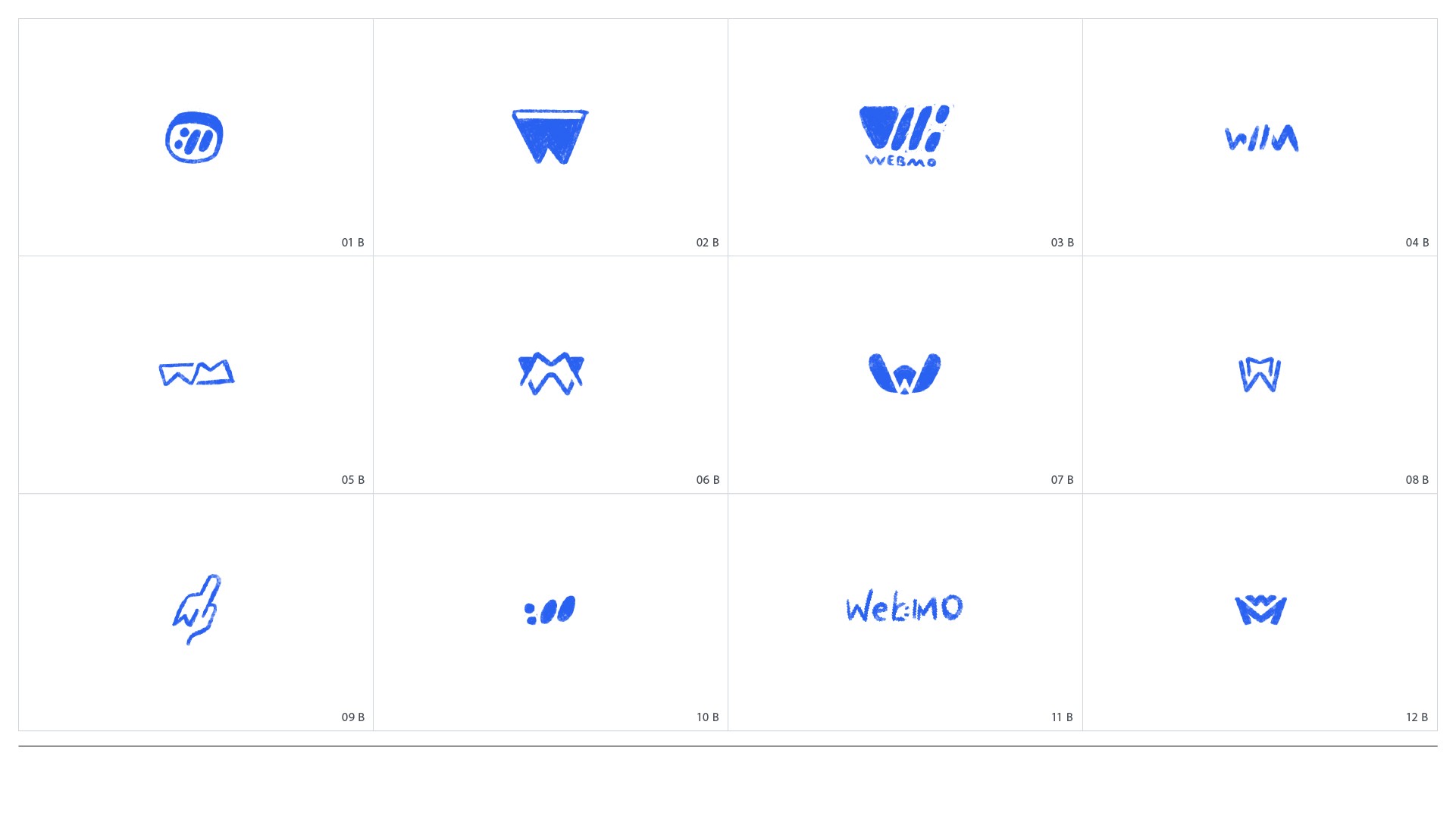 A grid of logo sketches for presentation to show Moin that were created in Procreate. 