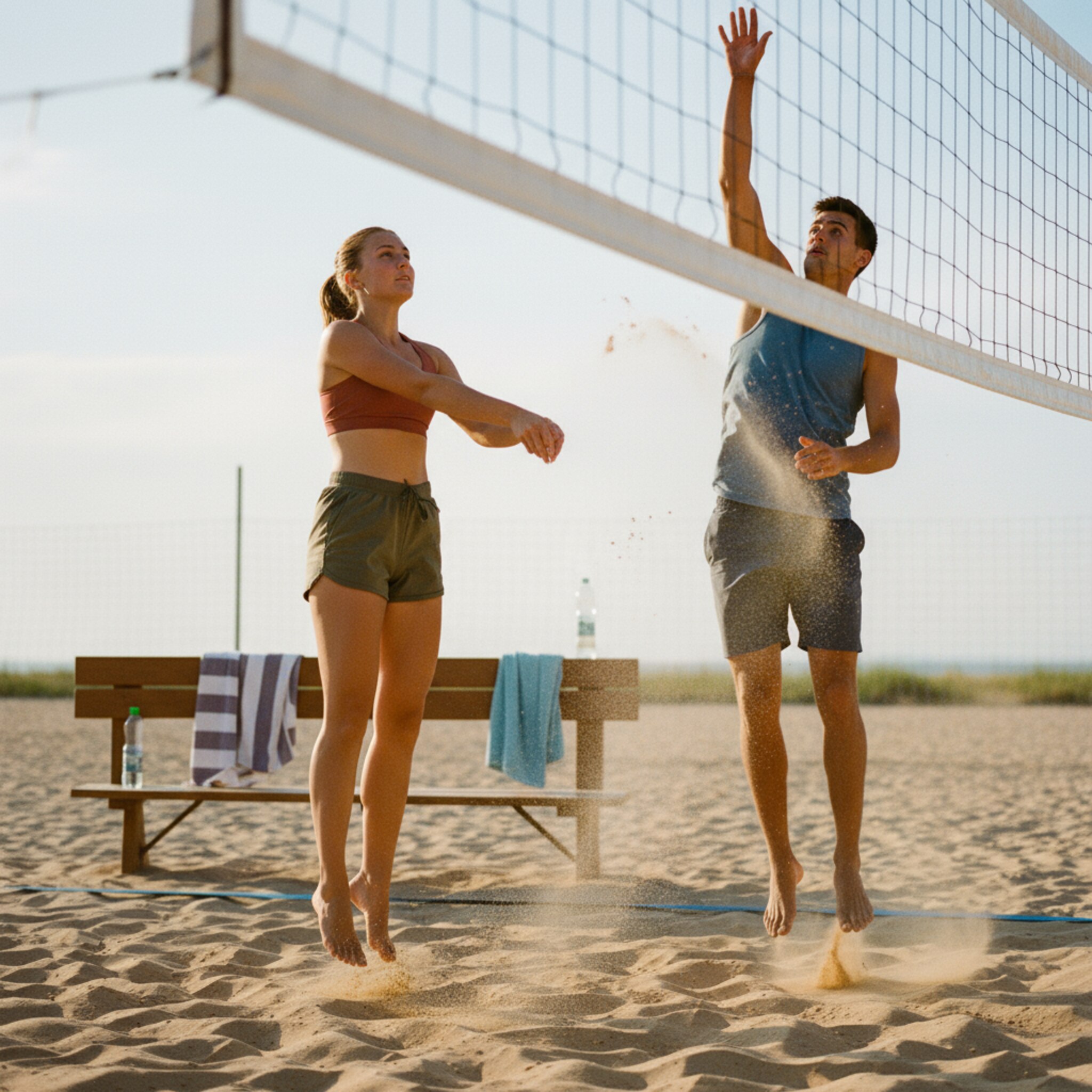 Ein sonniger Vormittag am Sandcourt: zwei Spieler steigen gleichzeitig zum Block hoch, feiner Sand staubt in der Luft. Im Hintergrund lehnen Handtücher an einer Holzbank, eine Wasserflasche glitzert im Gegenlicht. Ein leichter Wind bewegt das Netz, die frisch gezogenen Linien zeichnen klare Kanten.