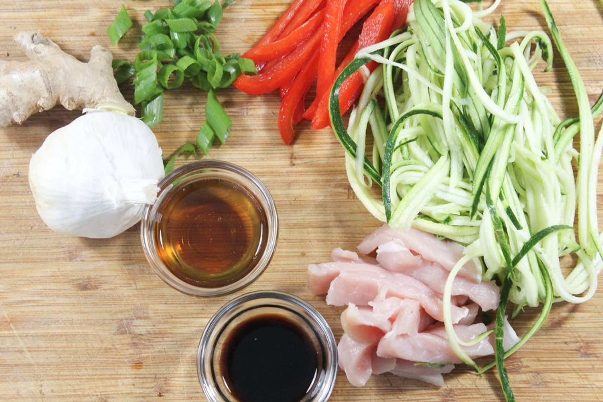 ingredients for pork zucchini noodle stir fry