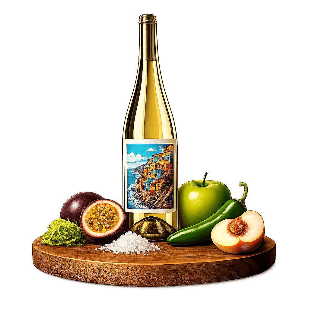 Artistic label and flavor profile for Chilean Casablanca Valley White on a rustic wooden table.