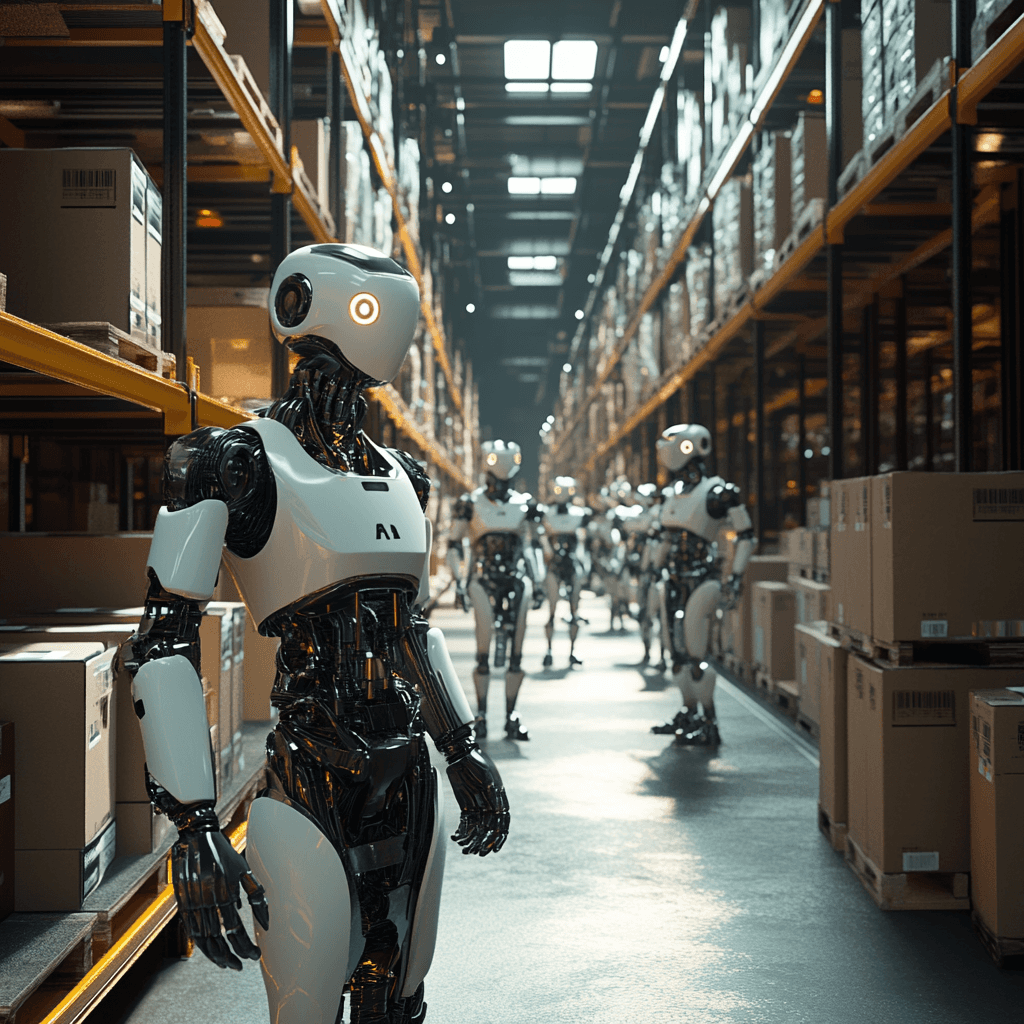 State-of-the-art warehouse showcasing AI-powered logistics automation with robots and employees working collaboratively.