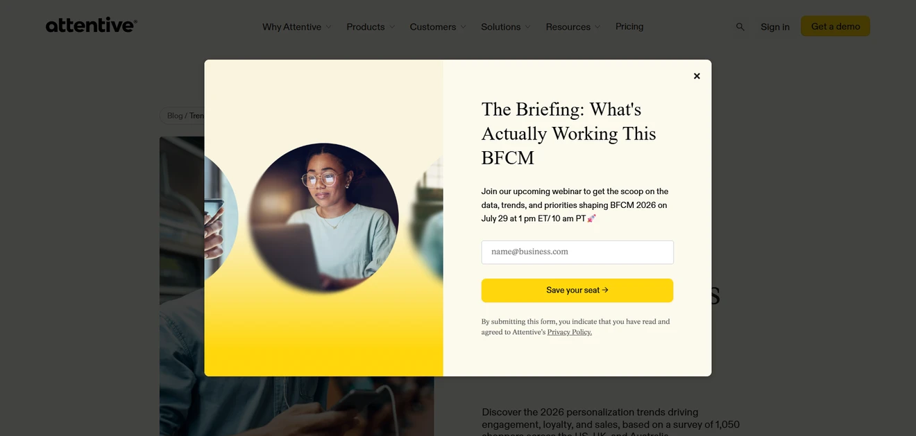 Attentive popup inviting ecommerce marketers to a webinar about BFCM 2026 trends