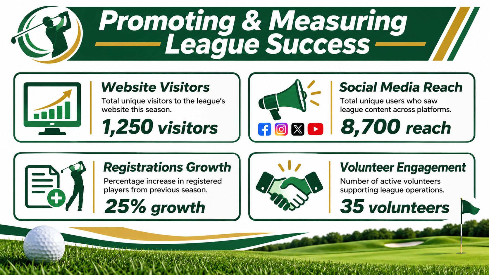 An infographic displaying metrics for promoting and measuring junior golf league success, including visitors, reach, and growth.