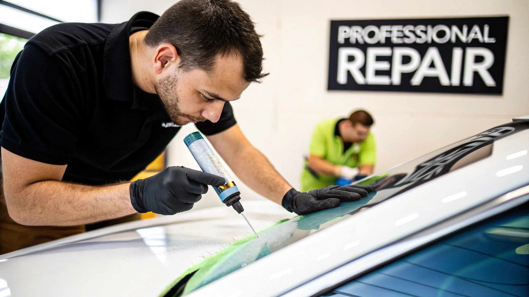 Technician in black gloves repairing a car windshield with a specialized resin tool.
