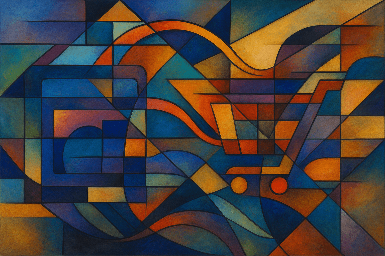 Abstract cubist artwork symbolizing ecommerce data flow and digital integration.